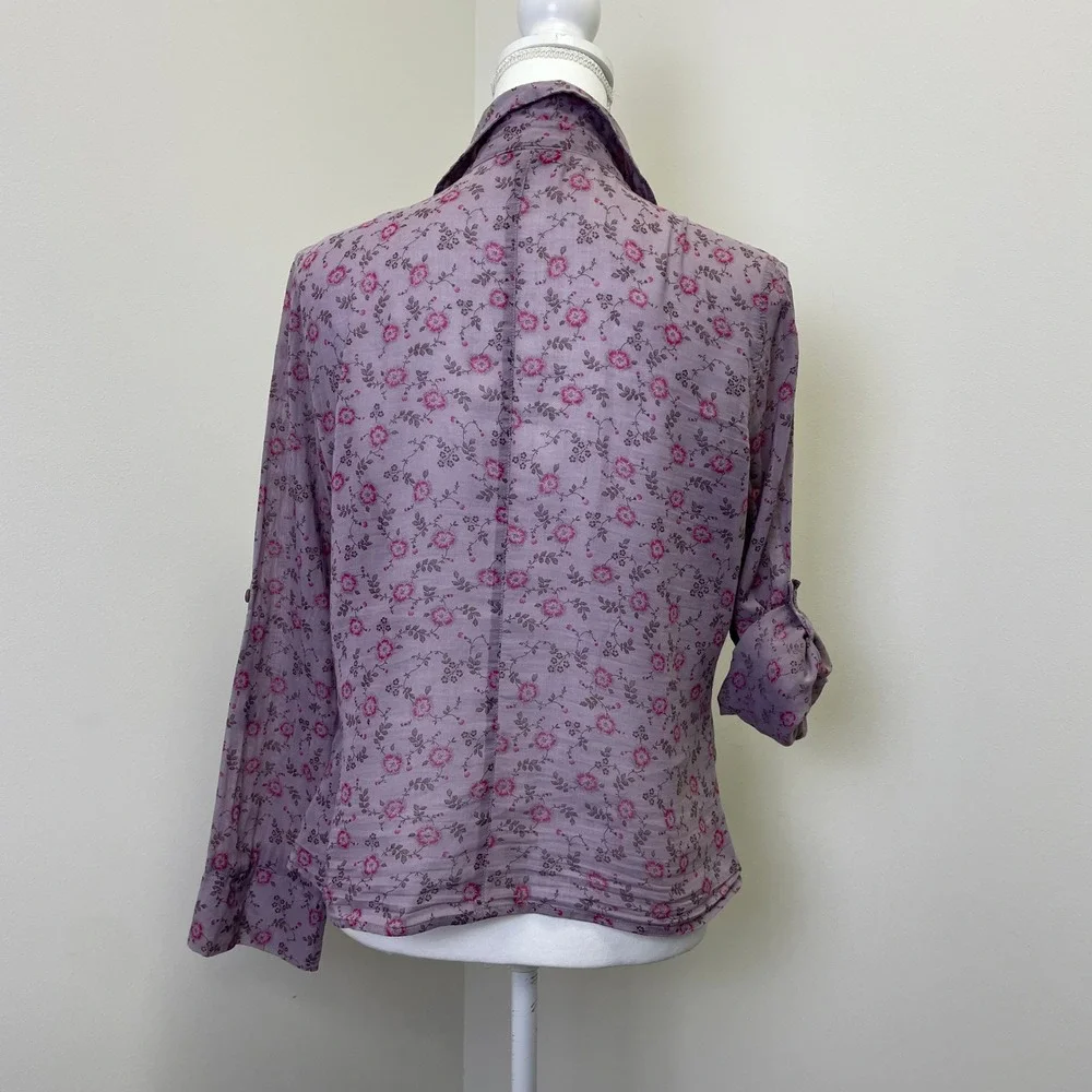 The Limited Purple Floral Cotton Button Down Shirt L Roll Tab Sleeve Hippie